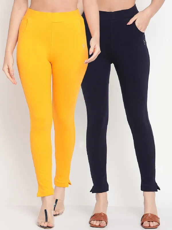 TAG 7 Set Of 2 Yellow & Navy Blue Solid Leggings Comfortable Classic Yoga Leggings