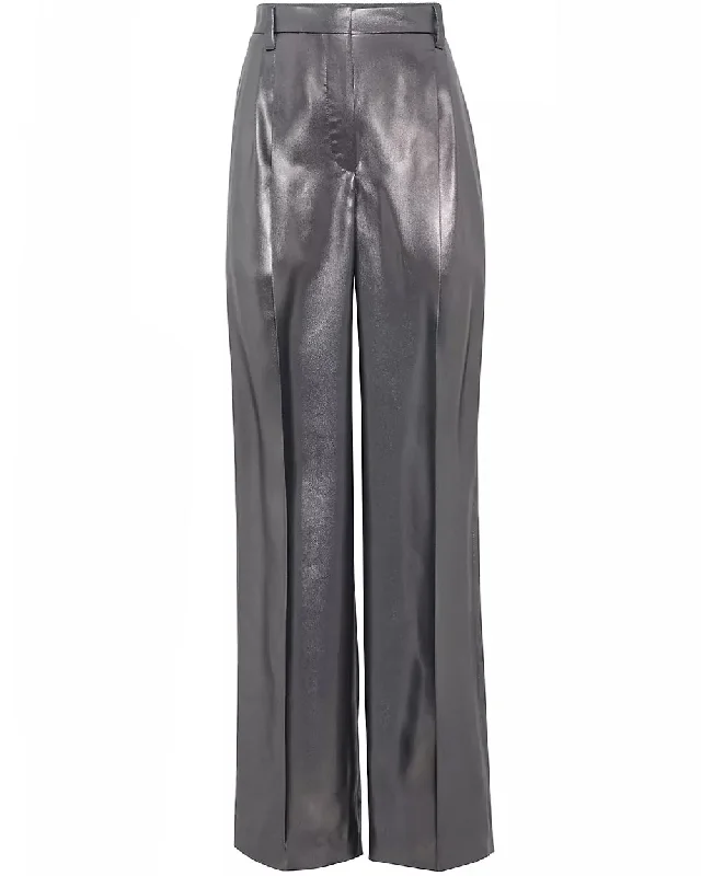 Metallic Silver Fluid Silk Pant High-Waist Yoga Pants