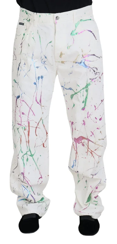 Chic White Splash Print Denim Pants Soft Stretch Trousers