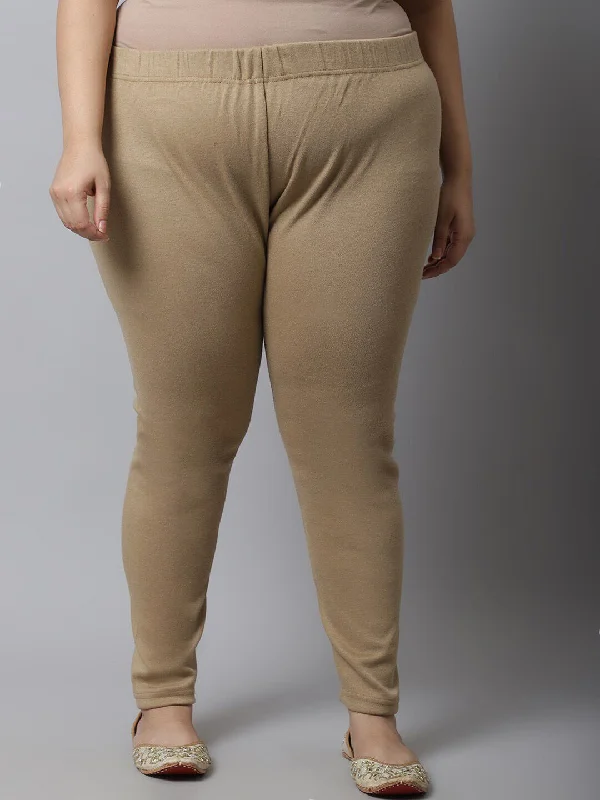 TAG 7 Women Plus size Beige Solid Leggings Elegant Embellished Leggings