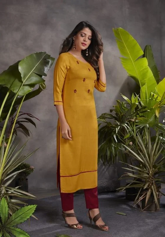 Rayon Yellow Kurta Pant Set with Hand Work for Women Modern Bootcut Pants