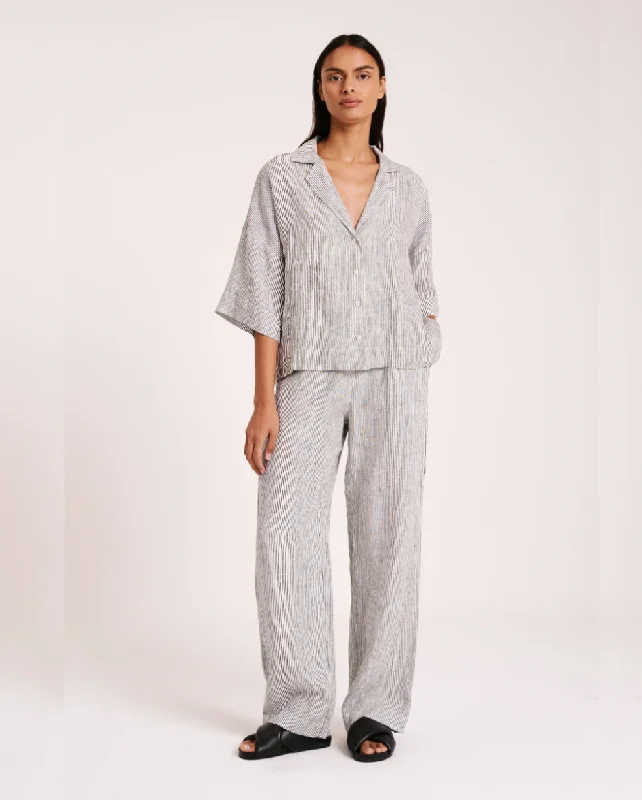 Lounge Linen Stripe Pant Blk Classic Straight-Leg Pants