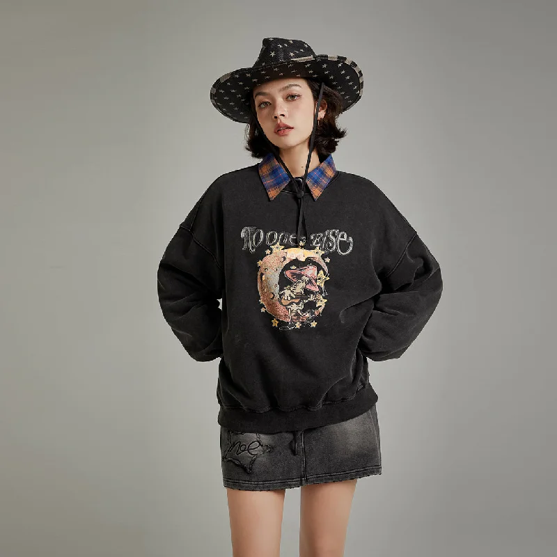 Printed Mushroom Moon Oversized Sweatshirt Hoodie with Logo Branding Identity