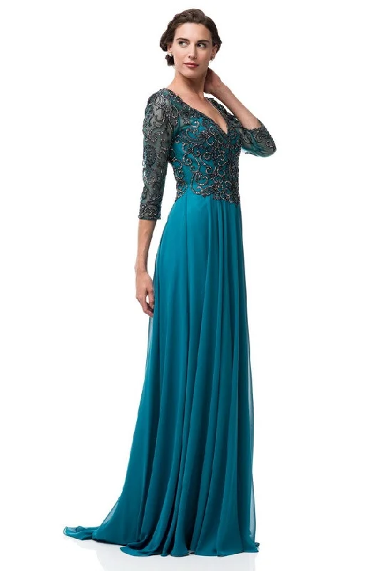 Teal Embellished A Line Long evening gown Chiffon  3/4 sleeves mother of the bride dress Halter Neckline Beach