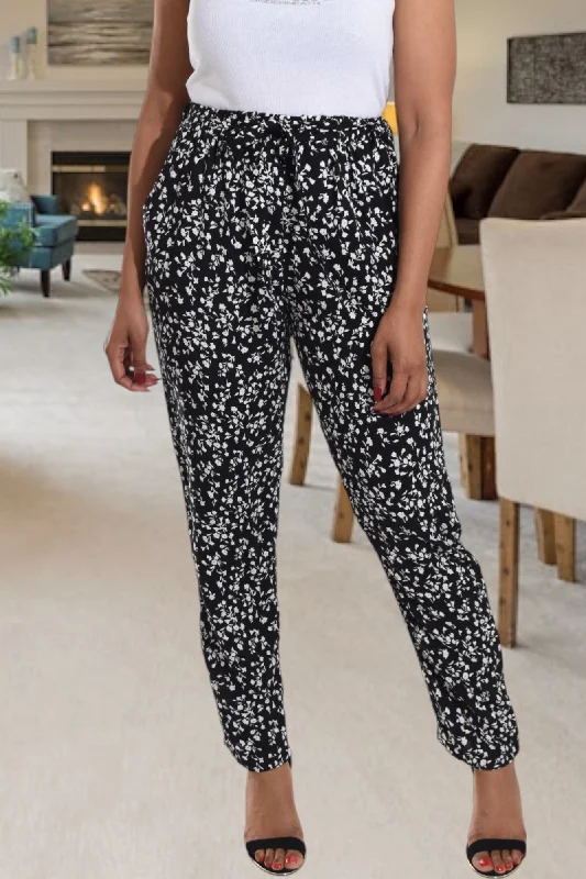 White Floral Pocket Pants Elegant Palazzo Trousers