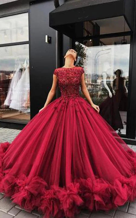 Cap Scoop-neck Red Ball Gown Quinceanera Ruffled Prom Dress Tunics Formal black