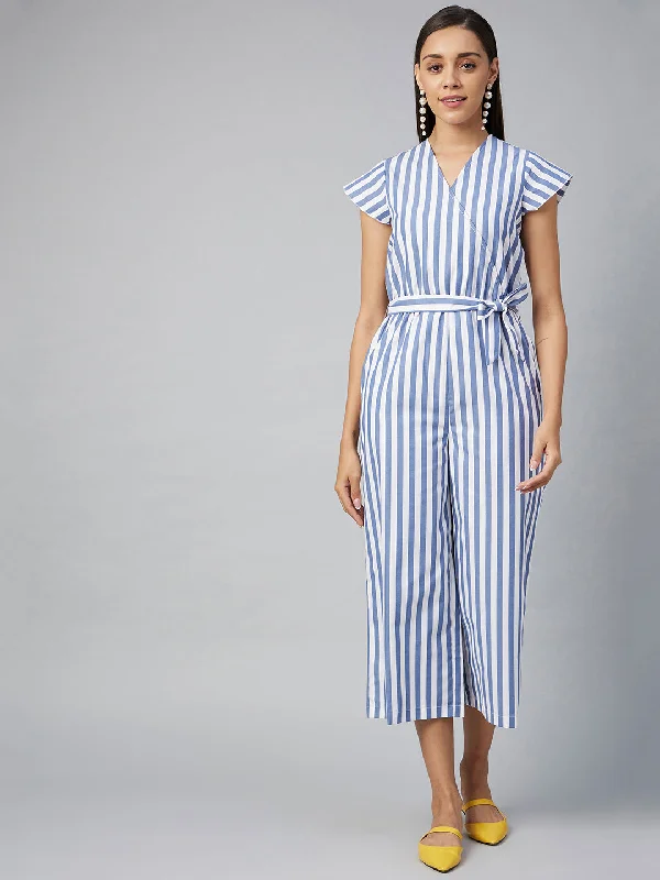 Blue Cotton Blend Stripe Jumpsuit Boho chic jumpsuit, Relaxed, Trendy, Comfortable