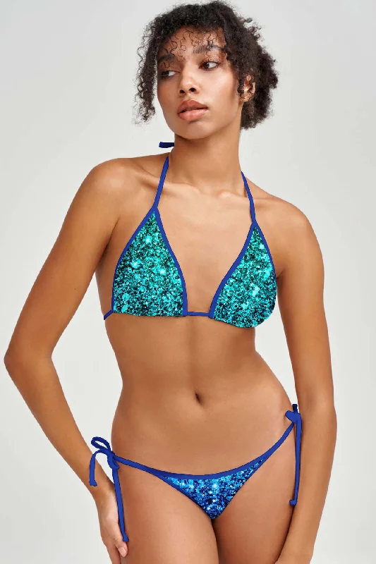 Ocean Drive Lara Blue Glitter Print Triangle String Bikini Top - Women Sequin bikini, Sparkly, Sexy, Fashionable