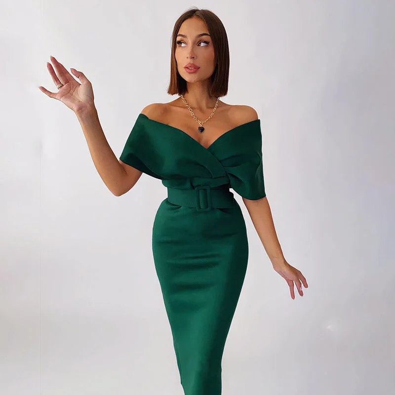 Sexy V Neck High Waist Dresses with Belt Tunics Solid Classic