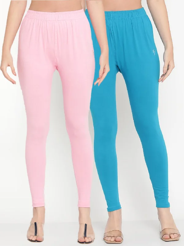 TAG 7 Women Pack Of 2 Pink and Blue Solid Comfort-Fit Ankle-Length Leggings Comfortable Zip-Up Leggings