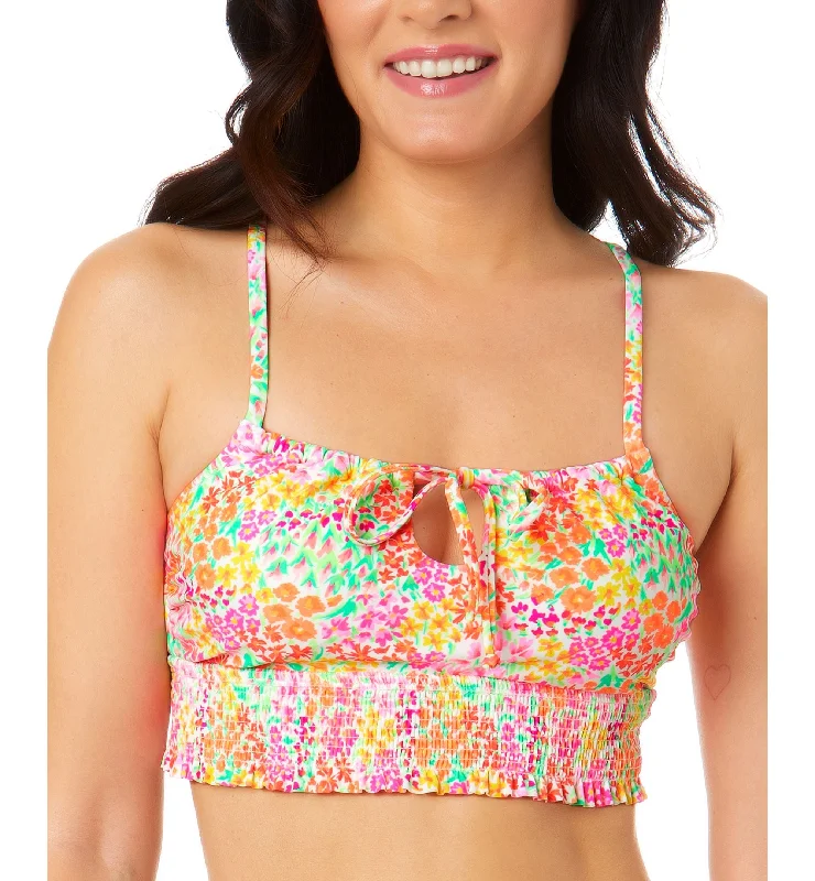 Juniors' Sun Garden Smocked Cami Bikini Top Bikini with bow detail, Cute, Stylish, Trendy