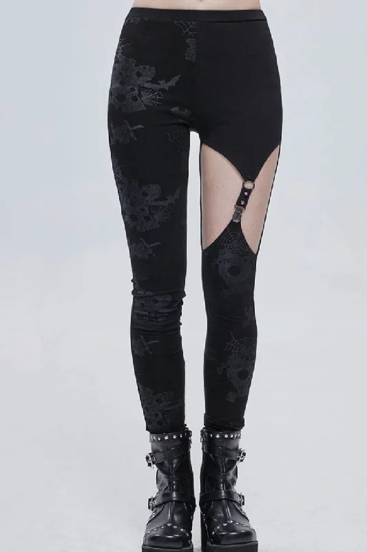 Black Gothic Ripped Spider Web Print Asymmetric Belt Buckle Decoration Women's Leggings Comfortable Full-Body Compression Leggings