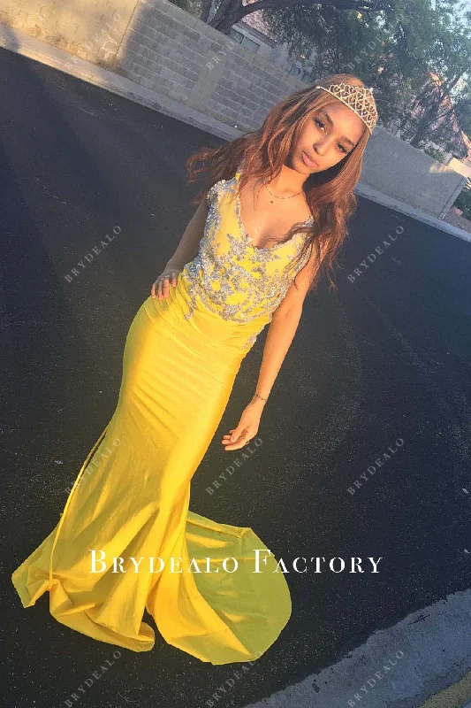 Yellow Plunging Neck Fit and Flare Prom Dress Tunics New arrival