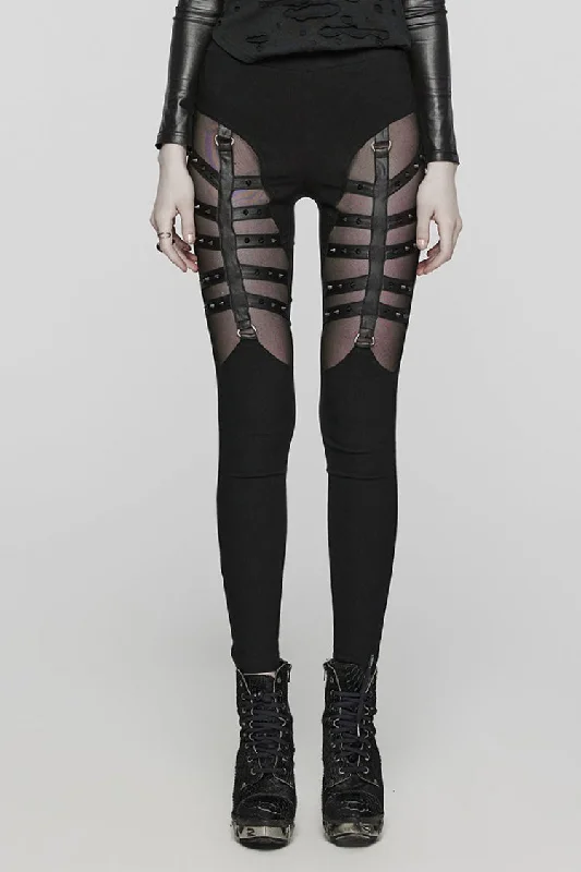 Black Hollow Lace-Up Mesh Metal Rivets Women's Steampunk Leggings Trendy Flared Leggings