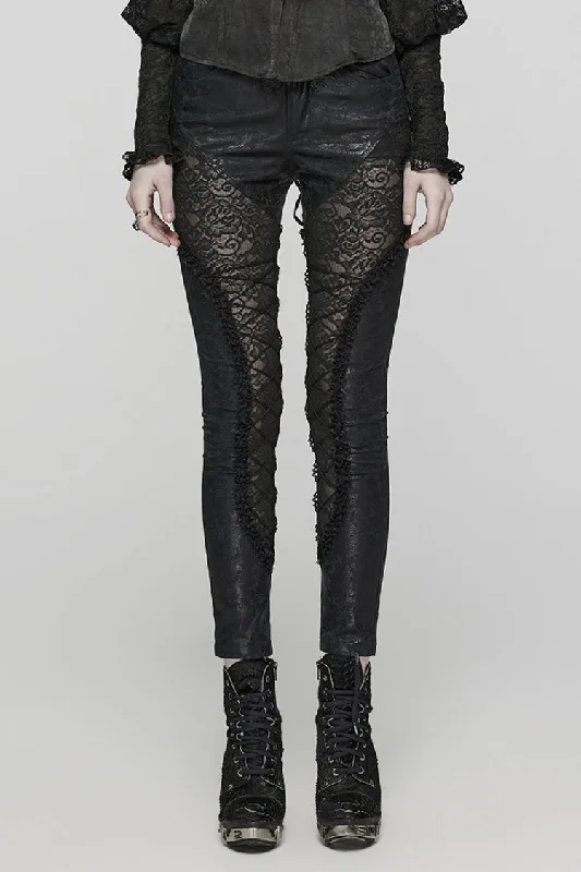 Black Print Stitching Lace Lace-Up Slim Women's Gothic Leggings Trendy Cut-Out Activewear Leggings