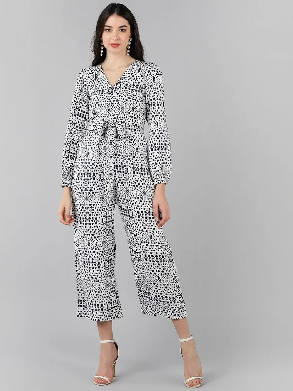 Women's White Polyester Printed Jumpsuit - Ahika Fitted wide leg jumpsuit, Elegant, Feminine, Fashionable