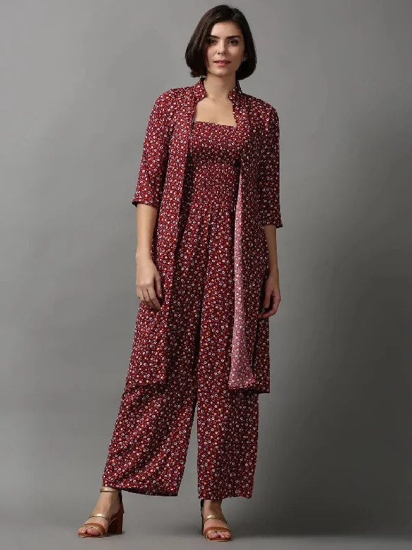 Women's Red Printed Jumpsuit-AE-15018-Maroon Relaxed fit jumpsuit, Comfortable, Chic, Street style