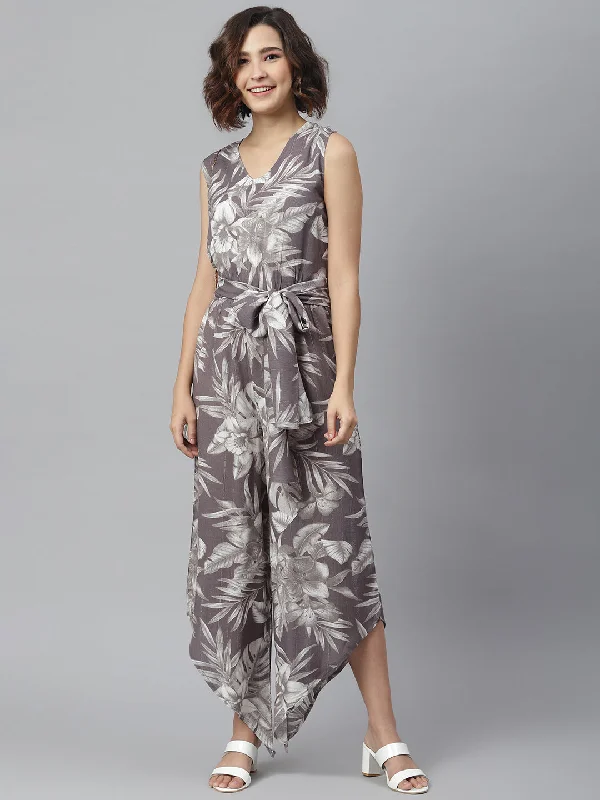 Grey Rayon Printed Jumpsuit With Asymmetric Hemline Halter jumpsuit, Sexy, Elegant, Trendy