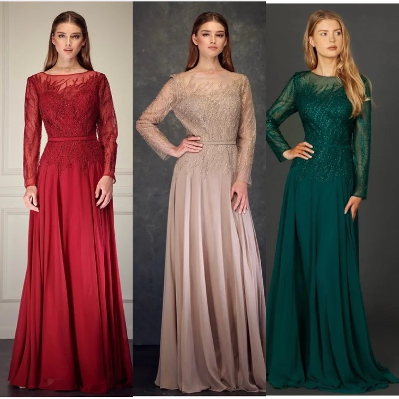 Floor Length Lon Sleeves V Neck A-Line Mother of the Bride Groom Dress Evening Gown Tunics Sophisticated sleek