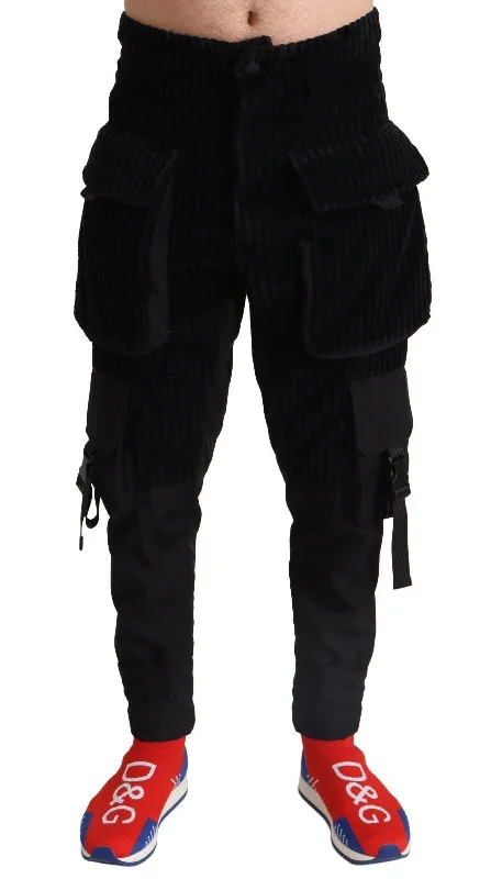 Elegant Black Cargo Corduroy Pants Comfortable Wide-Leg Pants