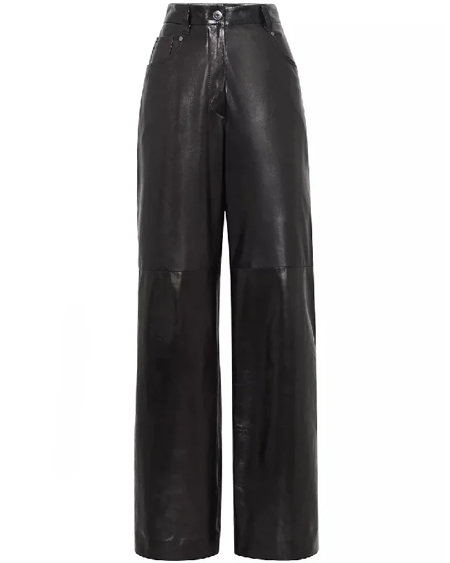 Black Smooth Leather Straight Pant Casual Drawstring Pants