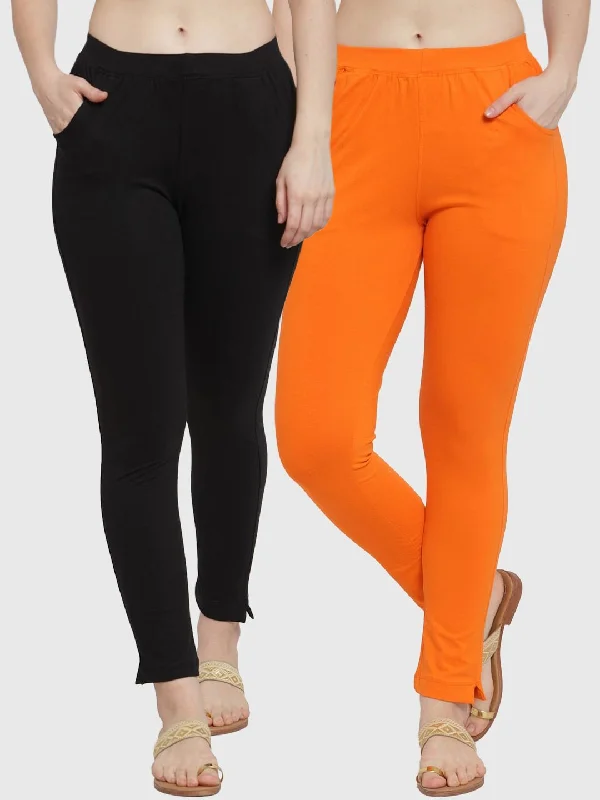 TAG 7 Women Pack Of 2 Orange & Black Solid Straight-Fit Ankle-Length Leggings Fashionable Smooth Fit Leggings