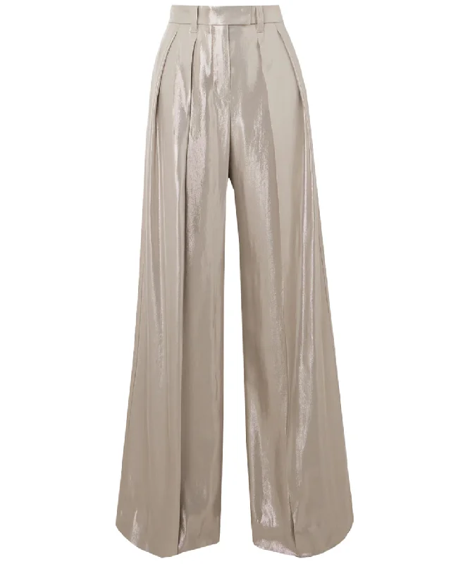 Oyster Metallic Pleated Wide Leg Pant Elegant High-Waist Pants