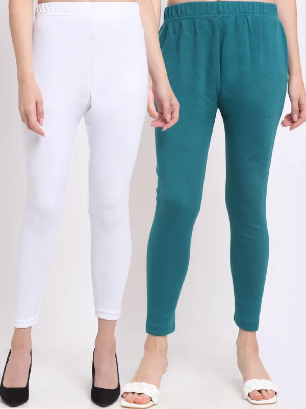 TAG 7 Women Pack Of 2 Solid Turquoise Blue & White Ankle Length Leggings Stylish Printed Stretch Leggings