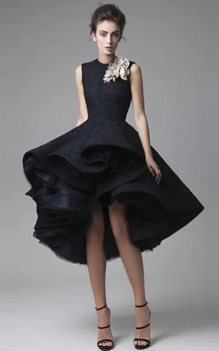 Black Gothic High-low Ruffled Multi-layer Jewel-neck Cocktail | Prom | Formal Dress Tunics Ceremony elegant