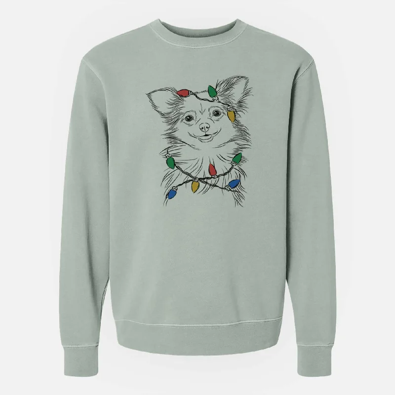 Christmas Lights Marzi the Long Haired Chihuahua - Unisex Pigment Dyed Crew Sweatshirt Hoodie with Button Placket Classic Preppy