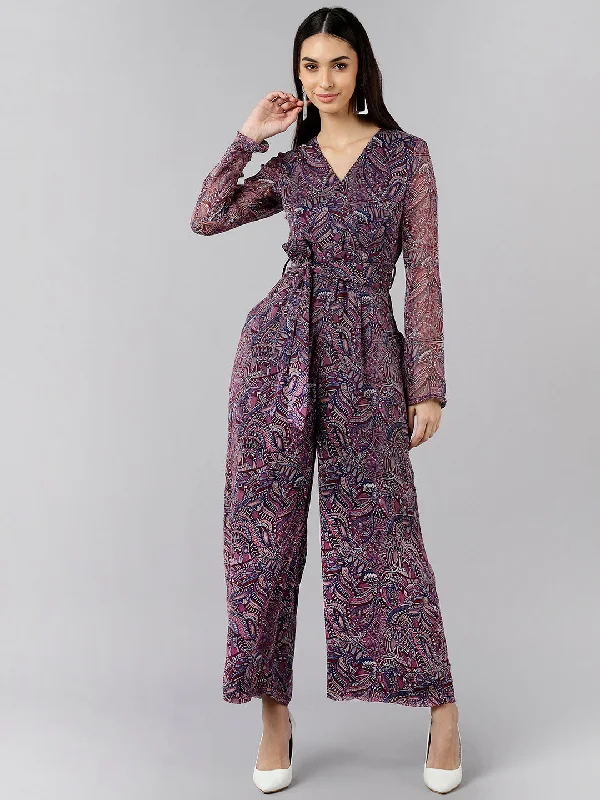 Women's Burgundy Polyester Printed Jumpsuit - Ahika Backless jumpsuit, Sexy, Party wear, Elegant