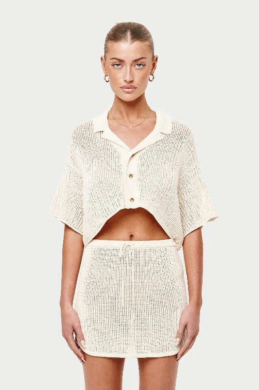 KNITTED CROPPED RESORT SHIRT - OFF WHITE-- Handmade Hand-knitted Hand-woven