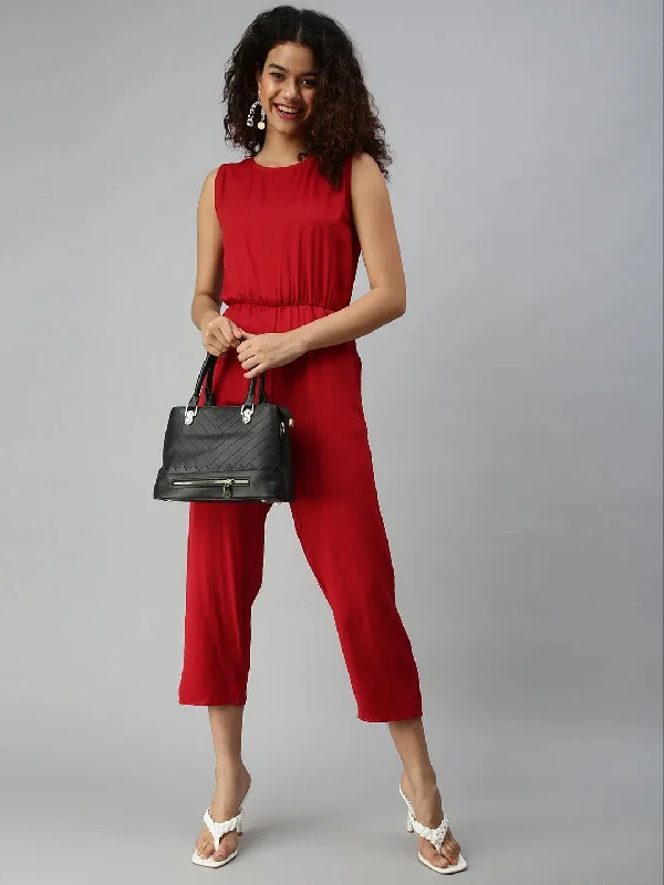 Women's Brown Solid Jumpsuit-AE-9889-Red Belted jumpsuit, Fashionable, Comfortable, Casual