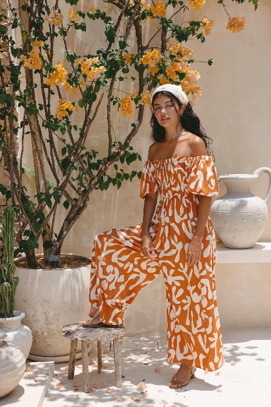 Solange Rust Orange Abstract Puff Sleeve Jumpsuit Dressy jumpsuit, Formal wear, Elegant, Chic