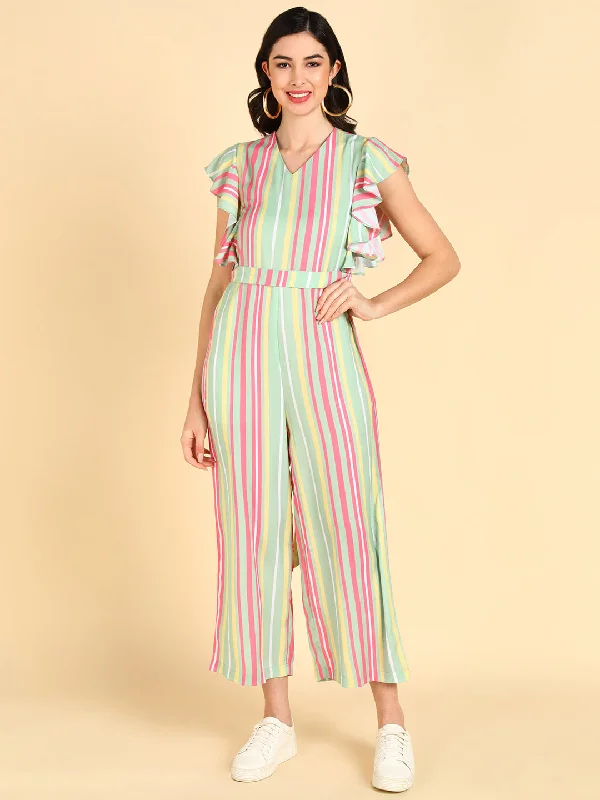 Women's Green Polyester Striped Jumpsuit - Ahika One-piece jumpsuit, Comfortable, Chic, Stylish