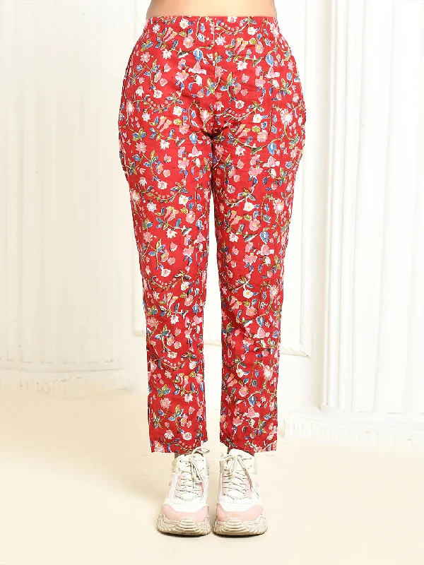 Aesica Red Pure Cotton Handprinted Pant Only Chic Slim Fit Pants