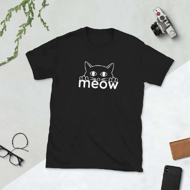 Cat Face Meow Unisex, Soft Cotton, Softstyle Short-Sleeve T-Shirt-- Asymmetrical Pockets Print