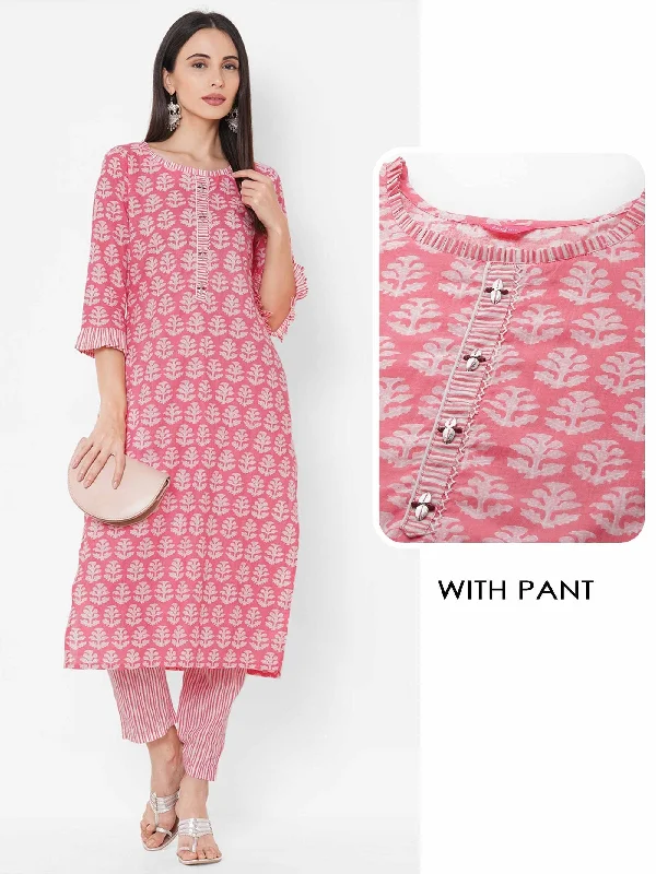 Floral Printed Pink Straight Cotton Kurta Pant Set Trendy Printed Pants