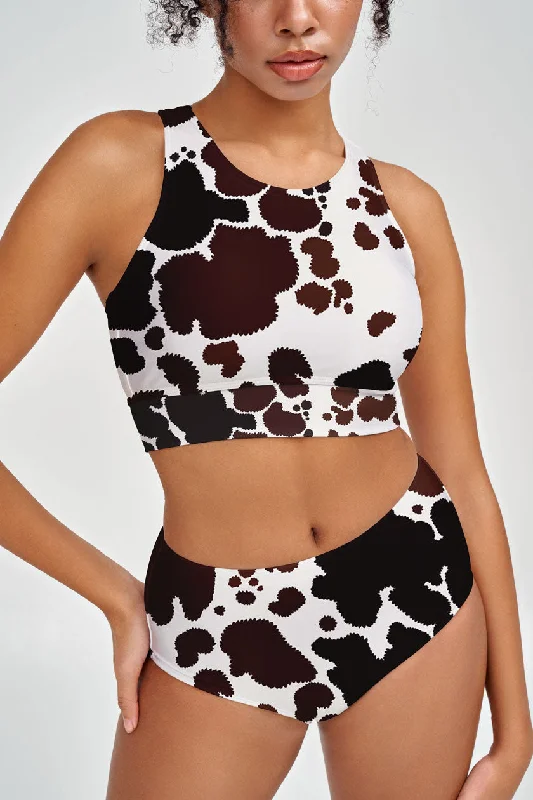 Cowgirl Carly White Brown Cow Print High Neck Crop Bikini Top - Women Off-shoulder bikini, Sexy, Elegant, Trendy