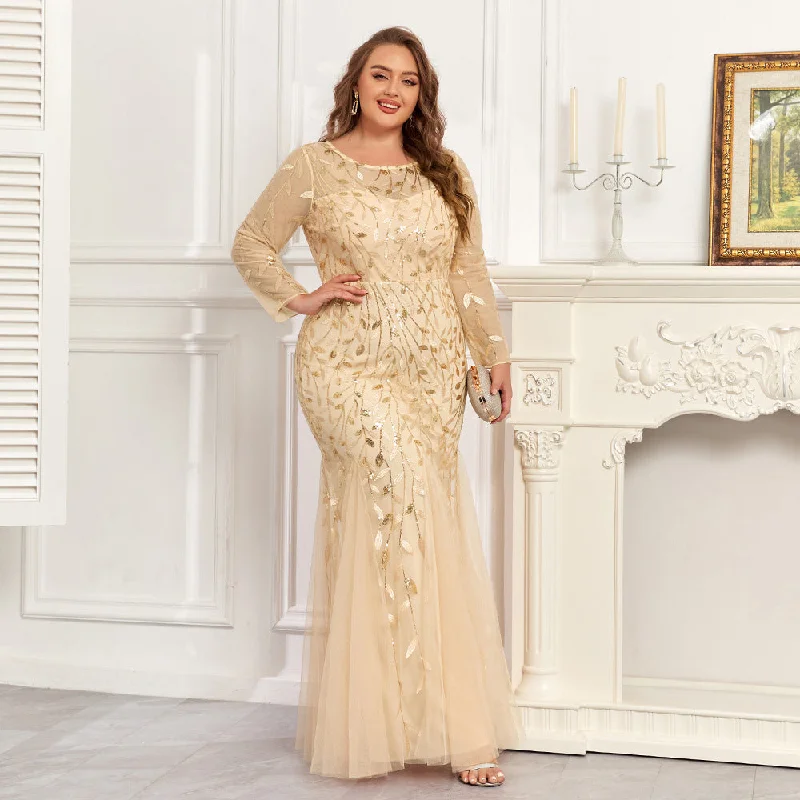 Plus Size Long Sleeves Scoop Neck Sequined Mermaid Tulle Evening/Formal Dress Tunics Chic elegant