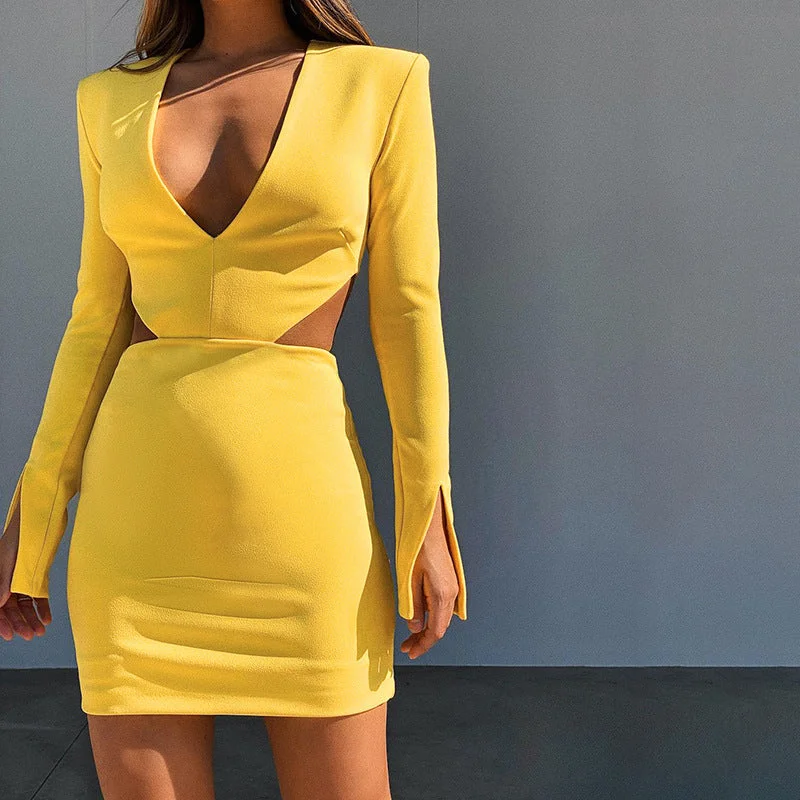 Women Sexy V Neck Midriff Long Sleeves Dresses Tunics Long Elegant