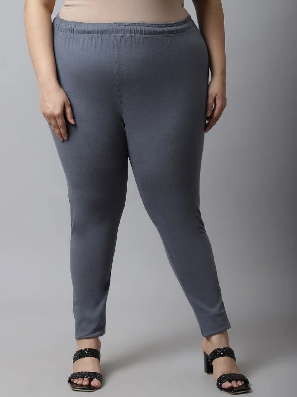 TAG 7 Women Plus size Grey Solid Cotton Ankle-Length Leggings Fashionable Plus-Size Activewear