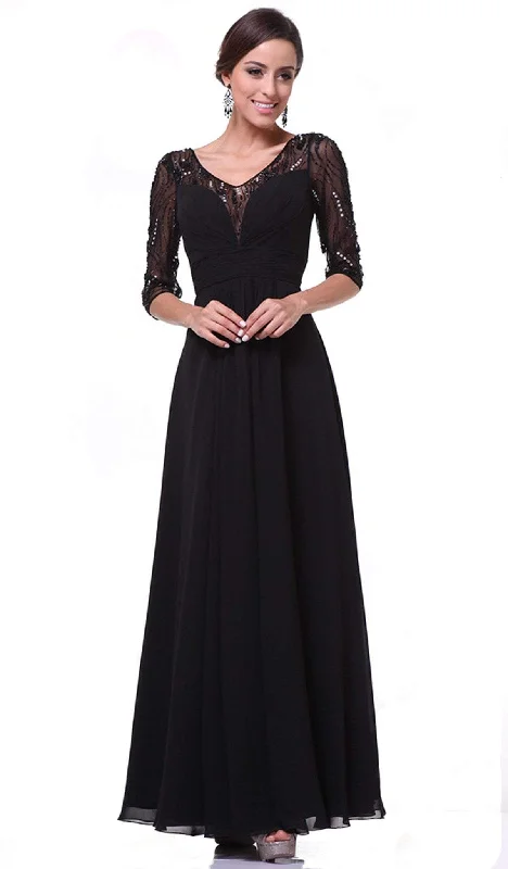 Cinderella Divine - 967 Sheer Quarter Length Sleeve Ruched A-line Dress Cowl Neckline Elegant