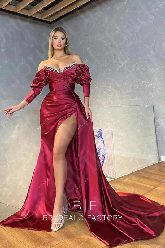 Burgundy Satin 3/4 Sleeves Off Shoulder Slit Prom Dress Tunics Trendy modern