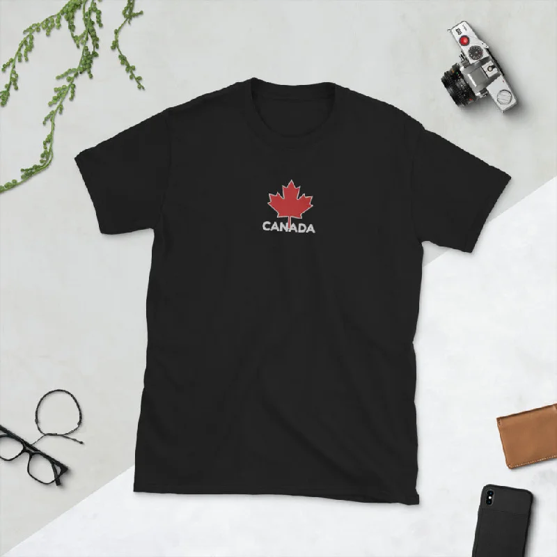 Embroidered CANADA And Maple Leaf On Center Chest, Unisex Soft Cotton, Softstyle Short-Sleeve T-Shirt-- Fitted T-Shirt Seamless Stretchy