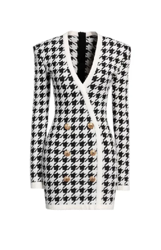 BALMAIN V-NECK HOUNDSTOOTH DRESS Tunics Gym athletic