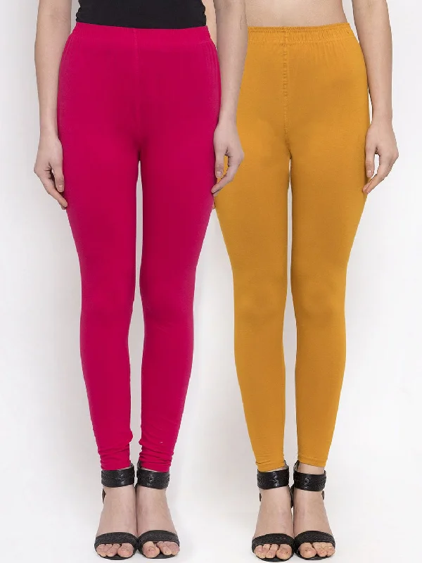 TAG 7 Women Pack Of 2 Mustard Yellow & Pink Solid Ankle-Length Leggings Chic Printed Yoga Pants