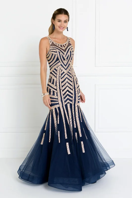 2018 Navy Scoop Neck Trumpet Long Dress Accented with Rhinestones Tunics Leisure comfortable