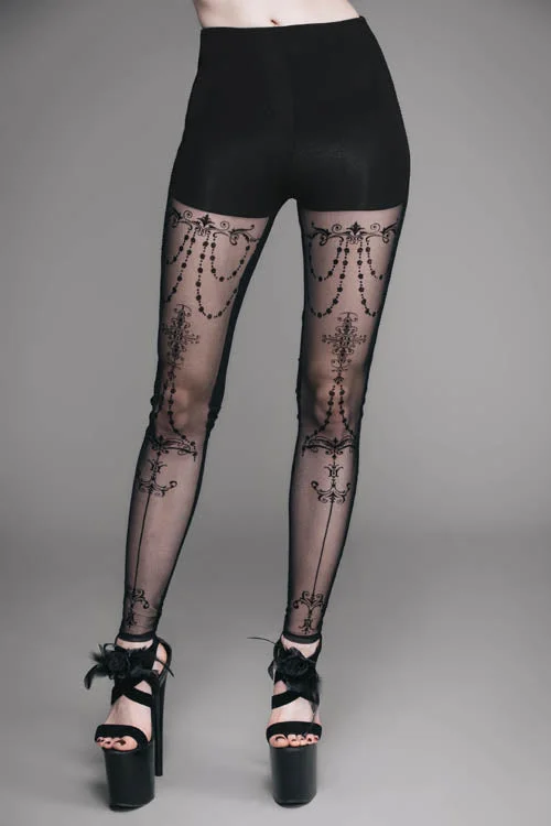 Black Elastic Waistband Flocking Printed Transparent Stretchy Mesh Sexy Leggings Womens Pants Comfortable Tummy Shaping Leggings