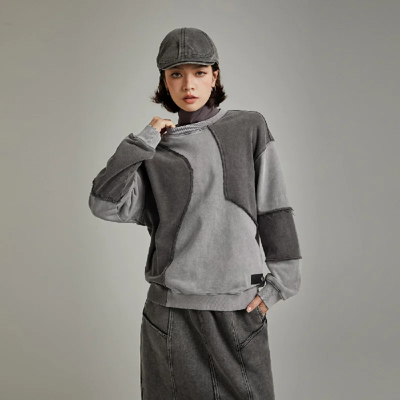 Stitched Patchwork Color Boxy Sweatshirt Hoodie with Monochrome Minimalist Simple